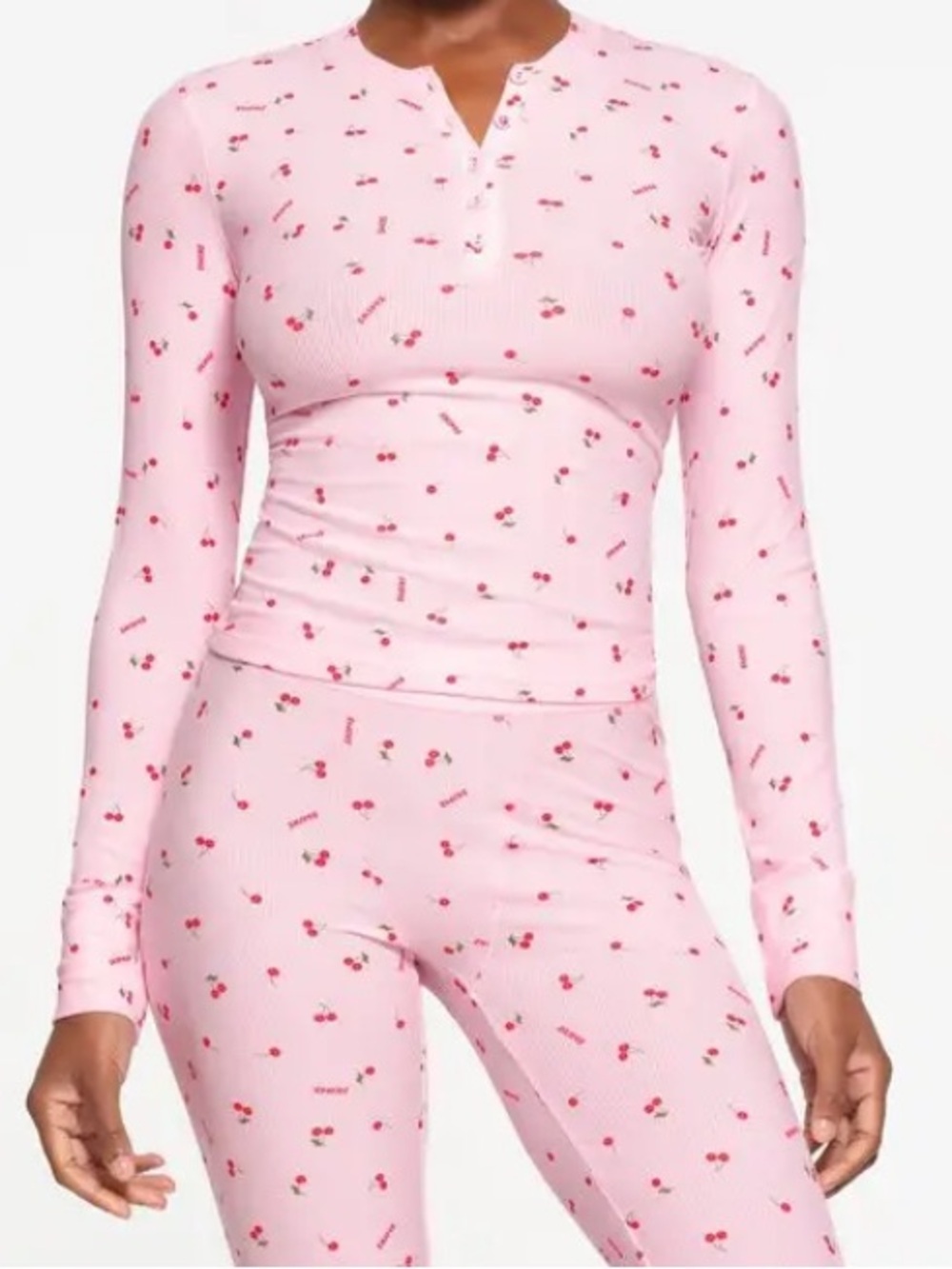SKIMS Pink Cherry-Print Ribbed Long-Sleeve Henley Top